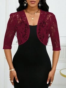 SHEIN Lady 2025新款女士酒红色蕾丝短袖开襟露脐优雅轻薄外套，适合万圣节、新年和圣诞节等场合穿着。 - 酒紅色 - 查看 7