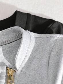 Lyxana 25+ Plus Size Women Elegant 2-Piece Gray & Black Long Sleeve Asymmetrical Front Dual-Zipper Drawstring Ruched Fitted Tshirt, Autumn/Winter - MultiWarna - View 5