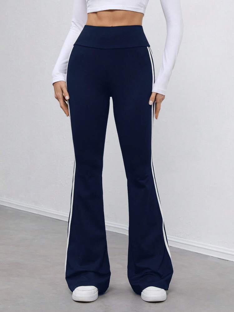 SHEIN Tall 纯黑色高弹针织侧缝白色织带紧身裤，适合秋冬季 - 藏蓝色 - 查看 7