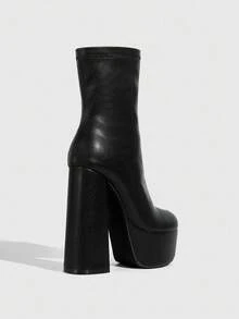 CUCCOO SZL 女士黑色方头粗跟防水厚底弹力简约风派对侧拉链踝靴，适合圣诞节穿着 - 黑色 - 查看 8