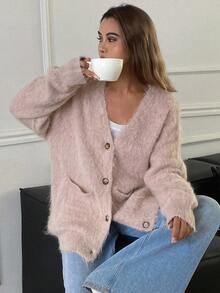 DAZY Cárdigan de punto grueso de manga larga con cuello en V y bolsillos, de unicolor y holgado, estilo casual de calle para otoño/invierno - Rosa - Ver 5