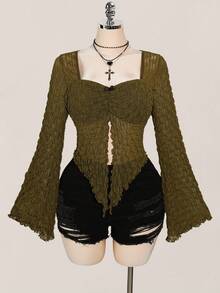 SHEIN ICON 加大码提花喇叭袖褶饰前片性感方领 T 恤，针织上衣，适合夏季，Y2K - 軍綠色 - 查看 4