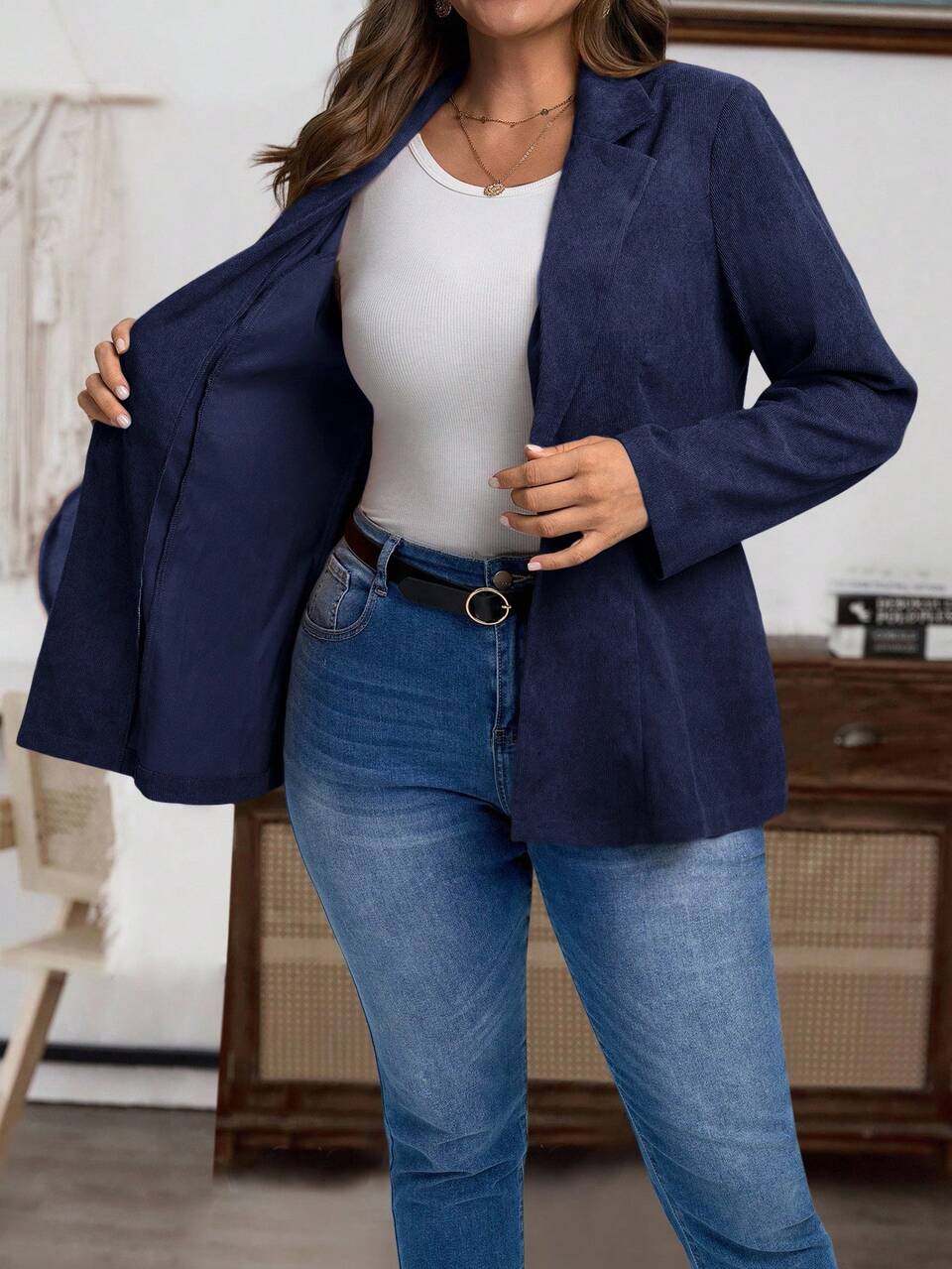 Plus Size Women Solid Color Lapel NeckLong Sleeve Single Button Casual Blazer Jacket, Women's Winter Coat