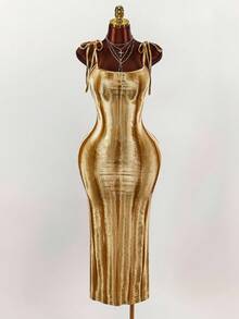 Y2K Amplova 复古浪漫大领口细肩带蝴蝶结露背褶皱高开衩修身长裙 金色鸡尾酒礼服 金色服装 金色套装 女装 - 金色 - 查看 7