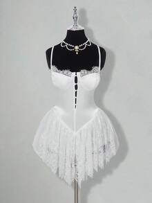 SHEIN ICON 女士蕾丝拼布缎面白色迷你连衣裙 - 白色 - 查看 1