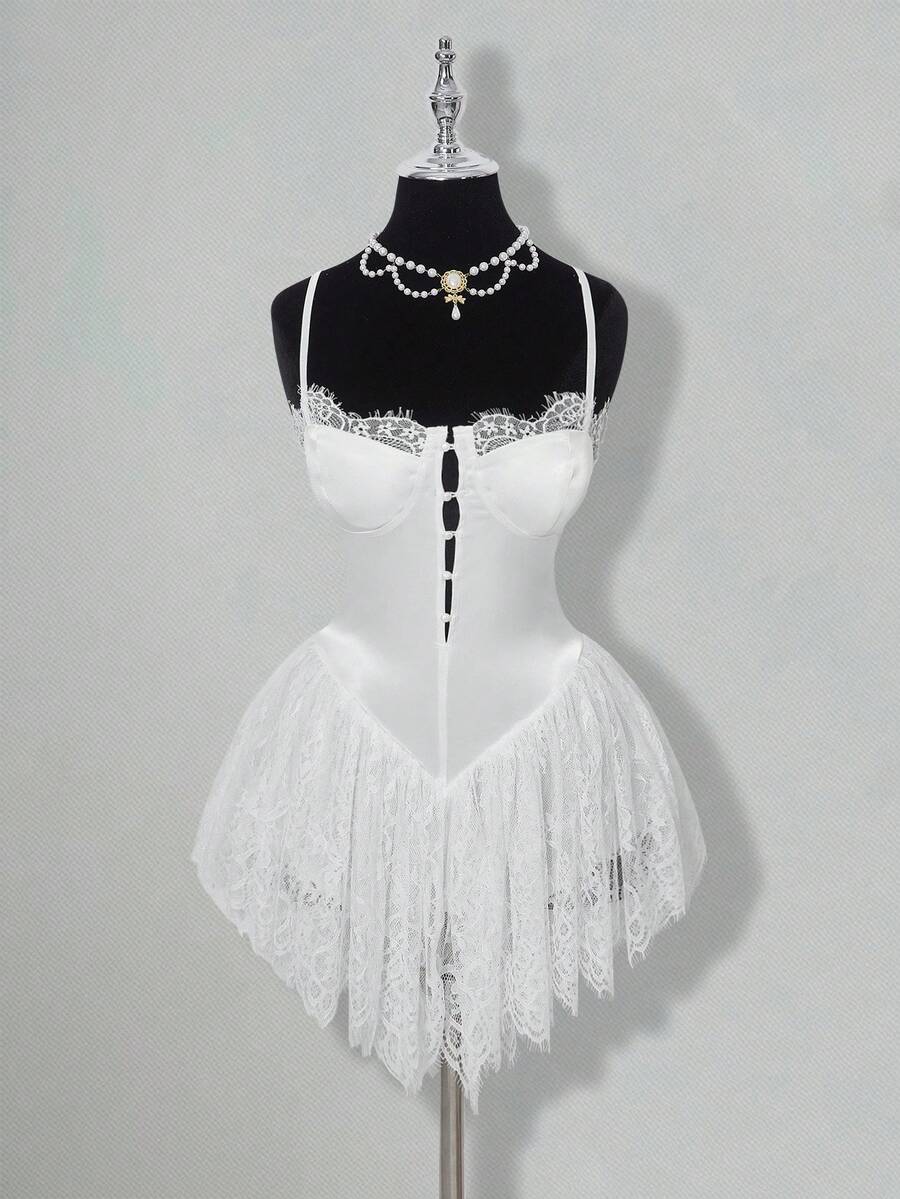 SHEIN ICON 女士蕾丝拼布缎面白色迷你连衣裙 - 白色 - 查看 1