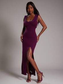 NYA SZN 连衣裙短袖深 V 领开衩流苏细节修身紧身特殊场合约会婚礼宾客生日夜晚外出秋冬适合通勤针织女装 - 粉色 - 查看 1