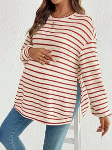 SHEIN 孕妇休闲条纹圆领落肩长袖运动衫双层衬里上衣女款条纹上衣毛衣上衣条纹长袖 - 紅白色 - 查看 4