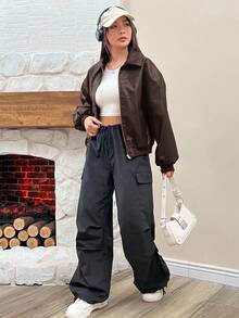 SHEIN EZwear Drop Shoulder Long Sleeve Zip Up Red PU Leather Jacket In Fall/Winter Brown Jacket Women Crop Jacket Jacket Y2k - Chocolate Brown - View 3