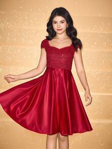 少女无袖亮片拼接束腰优雅万圣节圣诞连衣裙 - 紅色 - 查看 3