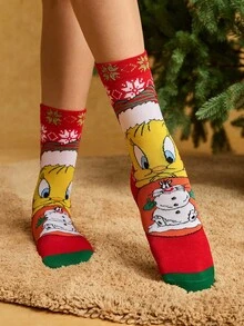 LOONEY TUNES X SHEIN Soft & Breathable Moisture-Wicking Mid-Calf Socks Fashionable Festival Red Crew Reinforced Toe & Heel For Durability Unisex Christmas Winter,Gift - Multicolor - View 2