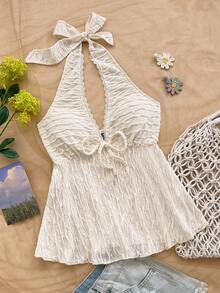 Soleia 女士度假针织提花纹理吊带打结 V 领褶饰 A 字背心，适合派对、约会、情人节、海滩、游轮、下午茶 - 白色 - 查看 5