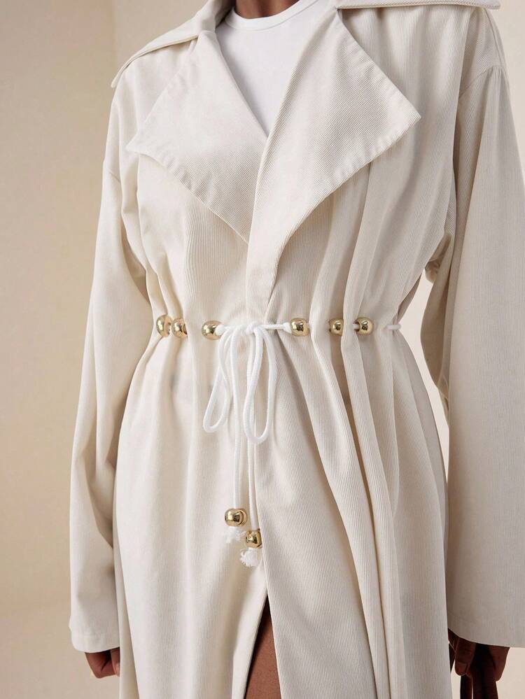 Lyxana Áo khoác dài vừa phải màu mơ có dây rút đính hạt - Màu be - Xem 6