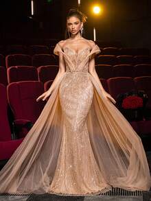 Glamrae Elegant Luxurious Beaded & Sequin Floral Off Shoulder Sleeve Design Mermaid Maxi Dress With Flared Hem, Suitable For Weddings, Parties, Vacations, Galas, Formal Events (Heavy Embellishment)S For Gala Night Gown - Champagne - View 2