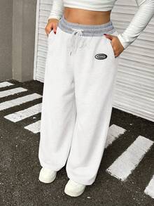 Muchica Plus Size Women's Letter Graphic Drawstring Waist Pockets Loose Sweatpants, White - White - View 1