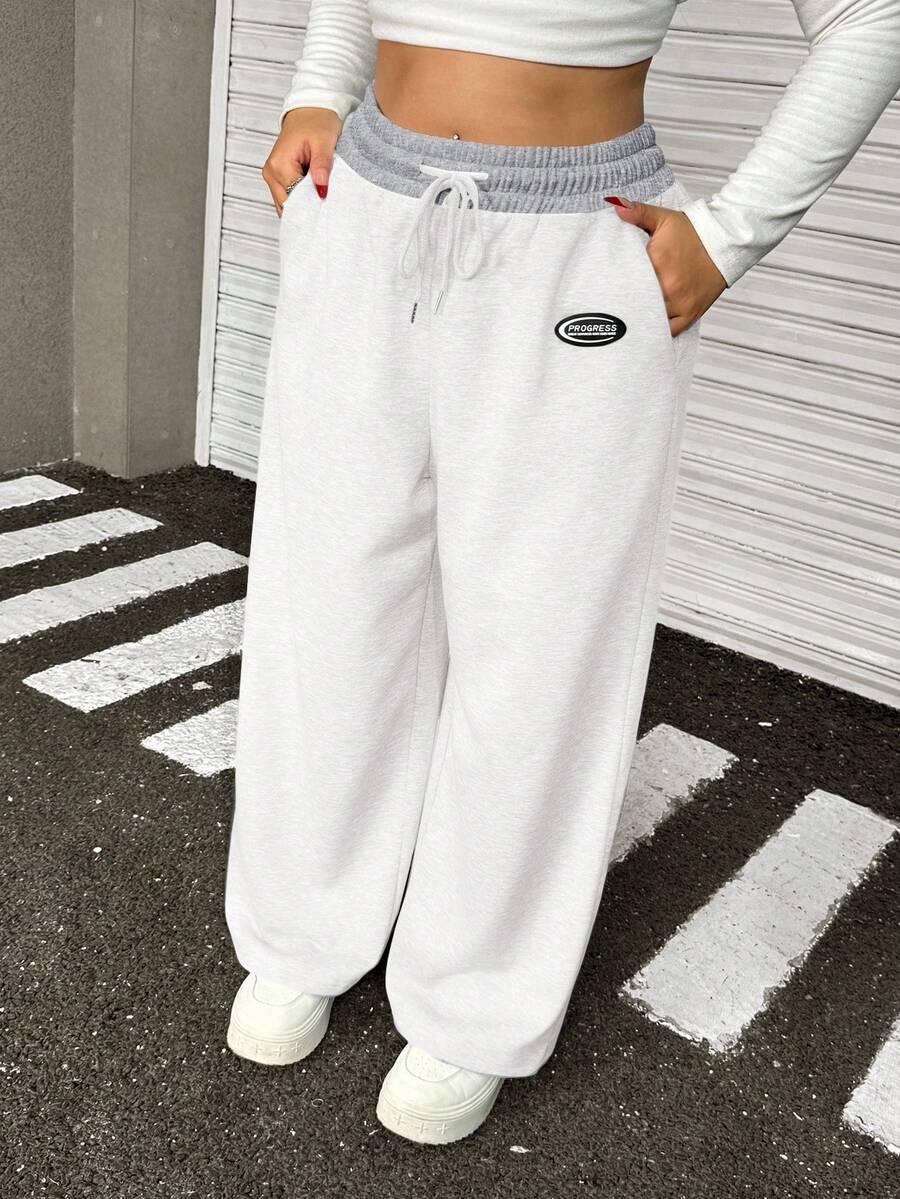 Muchica Plus Size Women's Letter Graphic Drawstring Waist Pockets Loose Sweatpants, White - White - View 1