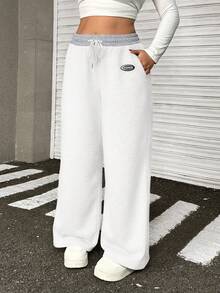 Muchica Plus Size Women's Letter Graphic Drawstring Waist Pockets Loose Sweatpants, White - White - View 5