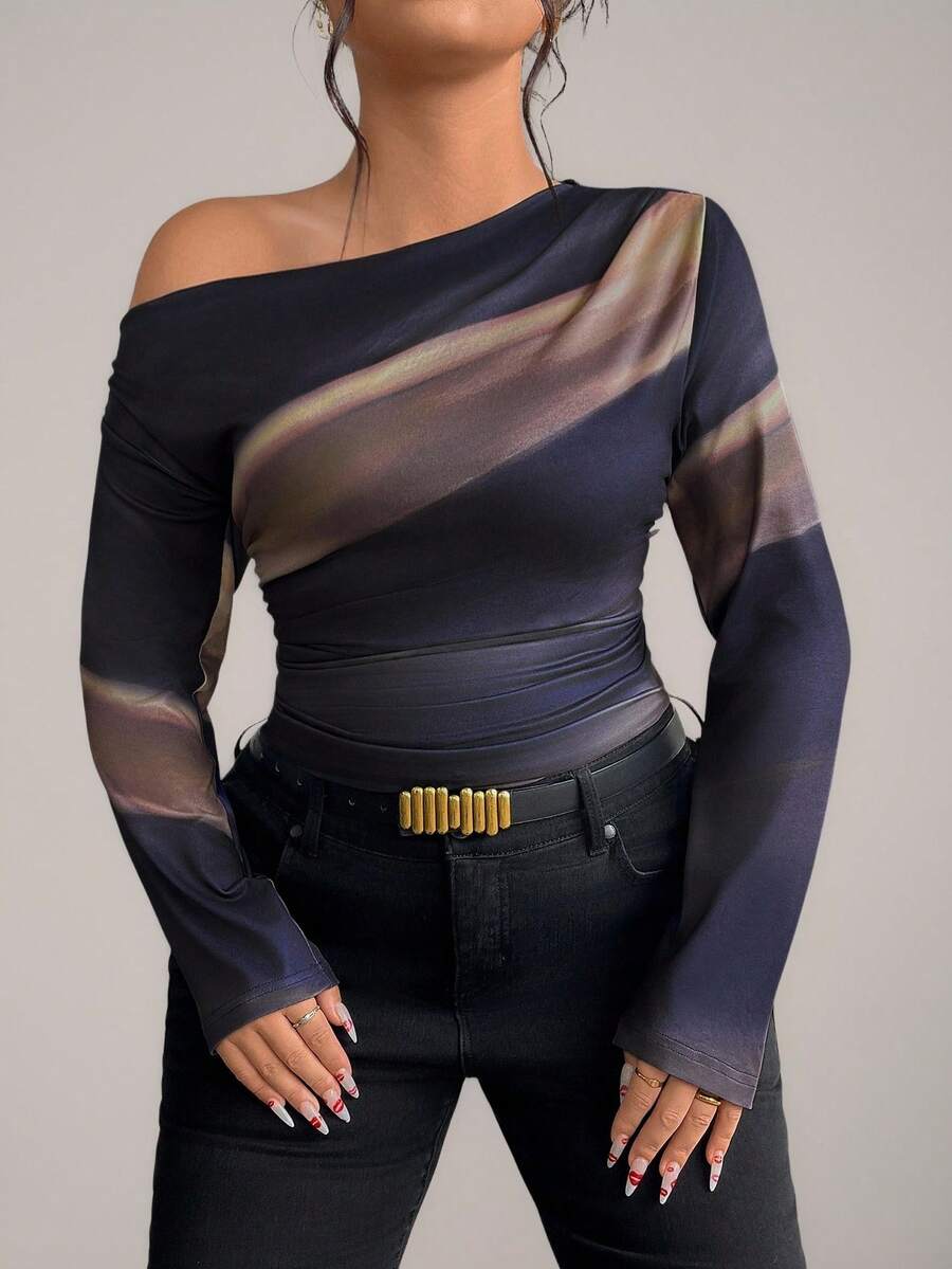 EMERY ROSE Plus Size Women Tie-Dye Print Asymmetric Neck Ruched Long Sleeve T-Shirt, Spring Fall Cloth For Women - Multicolor - View 1