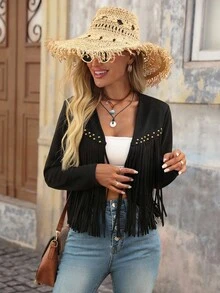 Brillora Women's Solid Color Fringe Trim Open Front Jacket In Fall/Winter - Black - View 7