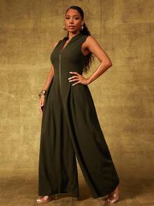 Vixey Olive Green Jersey Knit Front Zip Pleated Waist Culotte Jumpsuit, Going Out - Dark Green - View 4