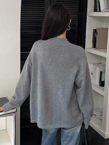 Livesso 女士宽松商务休闲不对称领套头毛衣，纯色简约基本款上衣，秋冬 - 灰色 - 查看 7