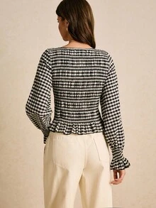Poéselle 黑白格子褶皱设计修身长袖女式上衣 - 黑與白 - 查看 2