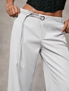SHEIN BAE Quần ống rộng ống rộng màu xám trơn, thường ngày, đi làm, giải trí, thường ngày, quần ống rộng có dây rút trang trí eo - trắng - Xem 6