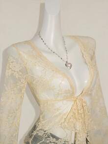 SHEIN ICON Y2k Women's Western Country Concert Boho Hippie Goth Sheer Beige Sexy Lace Twist Front Long Sleeve Cardigan - Apricot - View 4