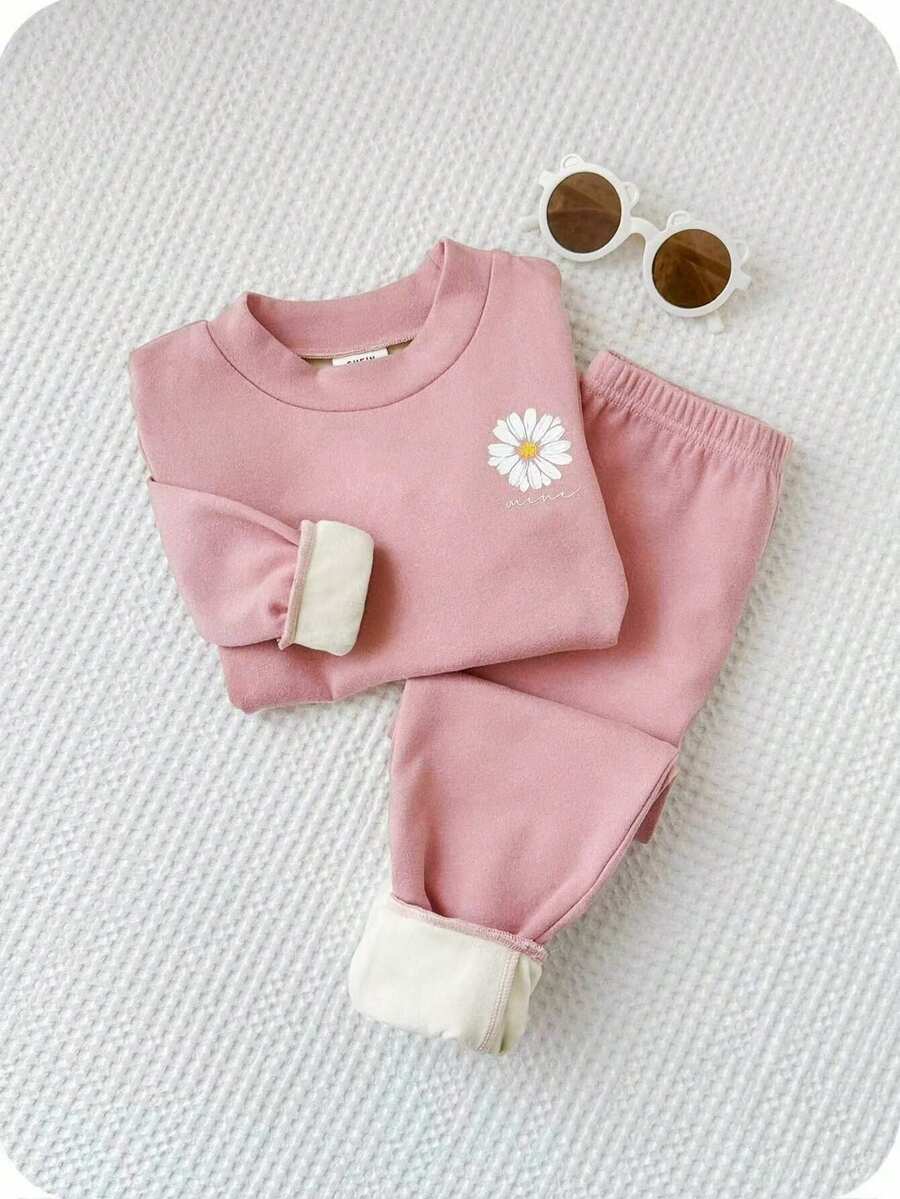 Young Girl 2pcs Snug Fit Cute Cat Double-Sided Fleece Long Sleeve Top And Pants Soft Comfortable Warm, Comfy Sweat Fall Winter