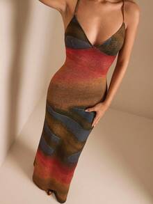 SHEIN BAE Váy Maxi tay dài in họa tiết, nhuộm loang, màu trơn thu đông, váy ôm sát cổ yếm hở lưng thanh lịch, gợi cảm, phù hợp cho những dịp trang trọng, tiệc cocktail, câu lạc bộ - Nhiều màu - Xem 5