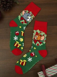 TOM & JERRY X SHEIN 柔軟透氣吸濕排汗休閒中筒襪 時尚節慶綠中筒襪 加強腳趾與腳跟耐穿性 中性冬季禮物 - 彩色 - 查看 5