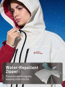 In My Nature 女士字母印花撞色长袖连帽户外防风防水夹克，滑雪夹克，户外 - 紅白色 - 查看 9