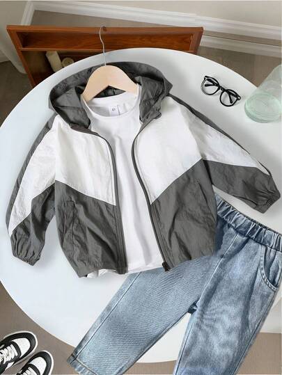 Genkimix Kids 1pc Young Boy Casual Simple College Style Lightweight Jacket, Suitable For Daily Wear, School, Outings,  Chic Outfits For Spring/Autumn/Winter Fall