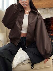 SHEIN EZwear Drop Shoulder Long Sleeve Zip Up Red PU Leather Jacket In Fall/Winter Brown Jacket Women Crop Jacket Jacket Y2k - Chocolate Brown - View 5