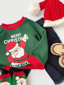 Sudadera con cuello redondo y mangas raglán con estampado de letras de dibujos animados y Papá Noel para bebé niño - Verde - Ver 2