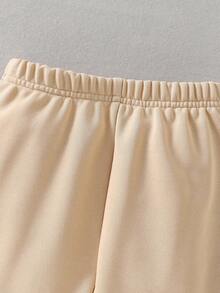 2 件 BASICS 少女休闲百搭舒适宽松圆领长袖运动衫和阔腿针织裤套装 - 杏色 - 查看 7