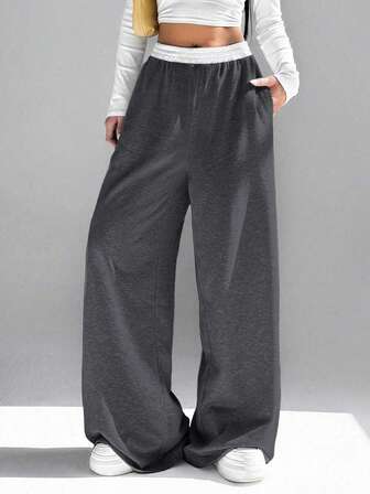 SHEIN Tween Girls' Street Casual Knit Drawstring Waist Contrast Color Jogger Pants Fall Winter