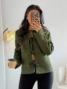 Rafferiza Manteau matelassé avec nœud papillon pour femmes, automne/hiver - Militaire verte - Voir 6