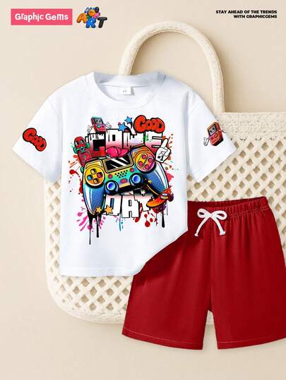 GraphicGems 2pcs Young Boy "Good Game Day" Graffiti Print Round Neck Short Sleeve White T-Shirt And Red Loose Woven Shorts Set, Summer Boys Summer Set Boys Clothes Set Kids Summer Set Boys Outfits Set Boys Casual Set Summer Holiday