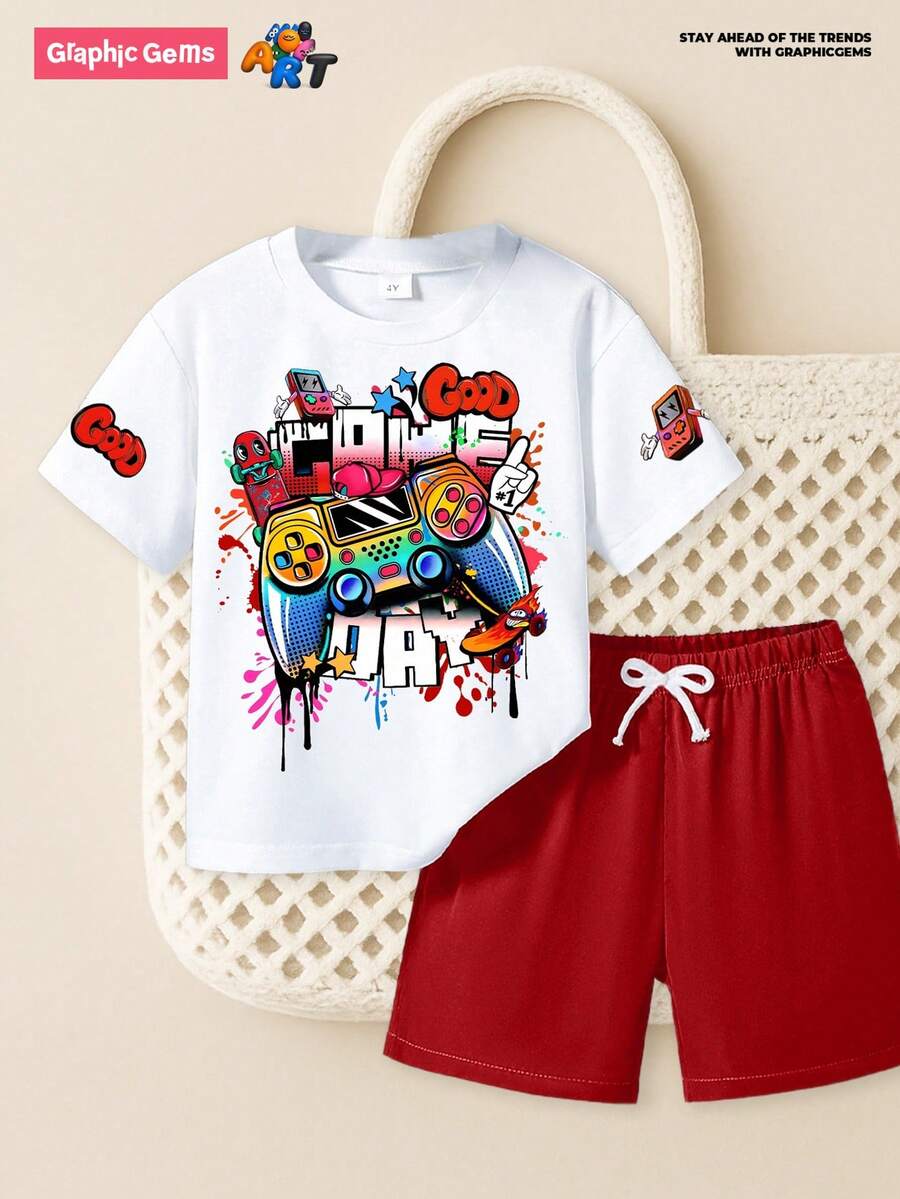 GraphicGems 2 件年轻男孩“Good Game Day”涂鸦印花圆领短袖白色 T 恤和红色宽松梭织短裤套装，夏季 - 紅色 - 查看 1