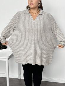 SHEIN CURVE+ Camiseta larga de cuello alto acanalado y manga larga con textura suave para mujer, para otoño/invierno - Gris - Ver 3