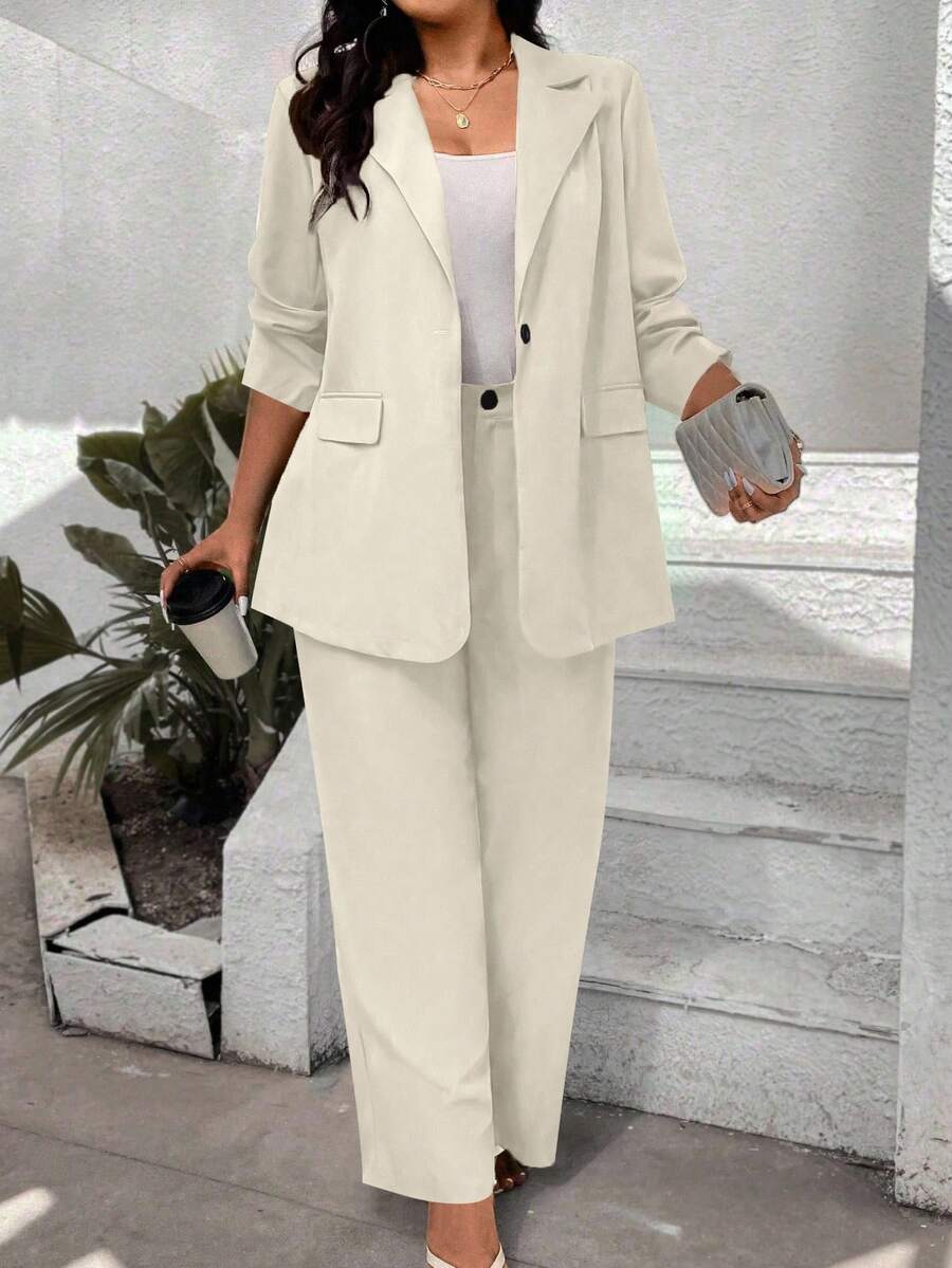 Elenzga Plus Size Women Solid Color Single-Button Blazer & Pants Suit - Apricot - View 1