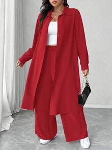 Elenzga 加大码褶皱纹理面料领长袖长衬衫和宽松直筒裤休闲装，2 件套 - 紅色 - 查看 3