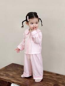 DAZY 2 件套幼儿女童格子舒适衬衫和宽松裤子睡衣套装 - 粉色 - 查看 6