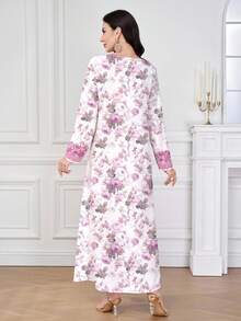 Al Najma Women's Purple V-Neck Long Sleeve Elegant Flowy Dress With Arabic Floral Retro Print Pattern, Sophisticated Neckline And Cuff Floral Designs On Classic Purple Motif Background, Polyester Material, Suitable For Home, Outings, Festivals, Parties, Wear,Women's Fashion Printed Robe Spring Women's Clothing,Modest