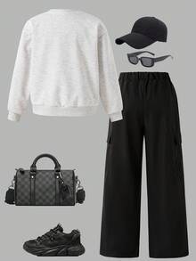 Set de 2 piezas: Sudadera de cuello redondo blanca con estampado de lema para niñas, combinada con pantalones cargo casuales de color caqui a la moda, ropa urbana - Negro - Ver 2