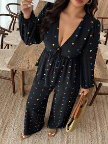 Weeklong Bộ 2 món áo sơ mi tay dài in hình trái tim buộc dây phía trước và quần ống rộng thời trang dành cho nữ cỡ lớn - Nhiều màu - Xem 4