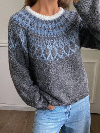 DAZY Vintagefärgblocksjacquard Fair Isle löst sittande rund halsringning långärmad stickad tröja för kvinnor, höst/vinter