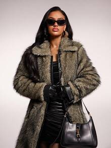 Radiana 女士棕色复古奢华蓬松长款大衣，秋冬高端时尚蓬松厚外套 - 棕色 - 查看 3