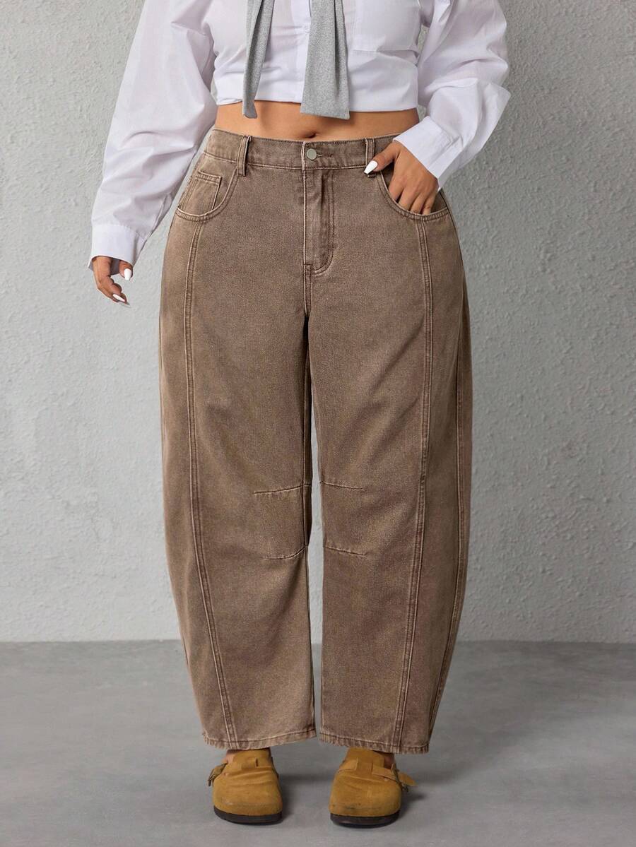EMERY ROSE Plus Size Women Pocket Flared Casual Loose Fit Jeans - Coffee Brown - View 1